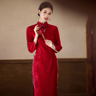 红色旗袍新款 女加绒加厚新娘订婚敬酒服喜婆婆 秋冬气质高级感长袖
