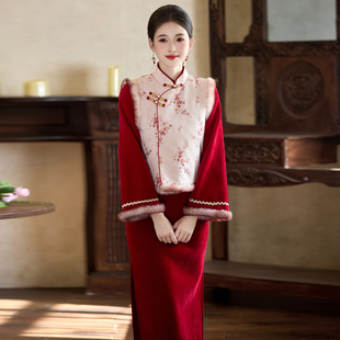 红色新中式 秋冬敬酒服国风两件套女加绒加厚拜年服 旗袍2025年新款