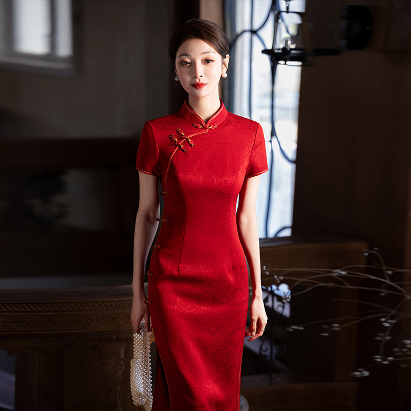 2025新款旗袍春夏结婚礼服回娘家新娘敬酒服高端气质醋酸提花长款