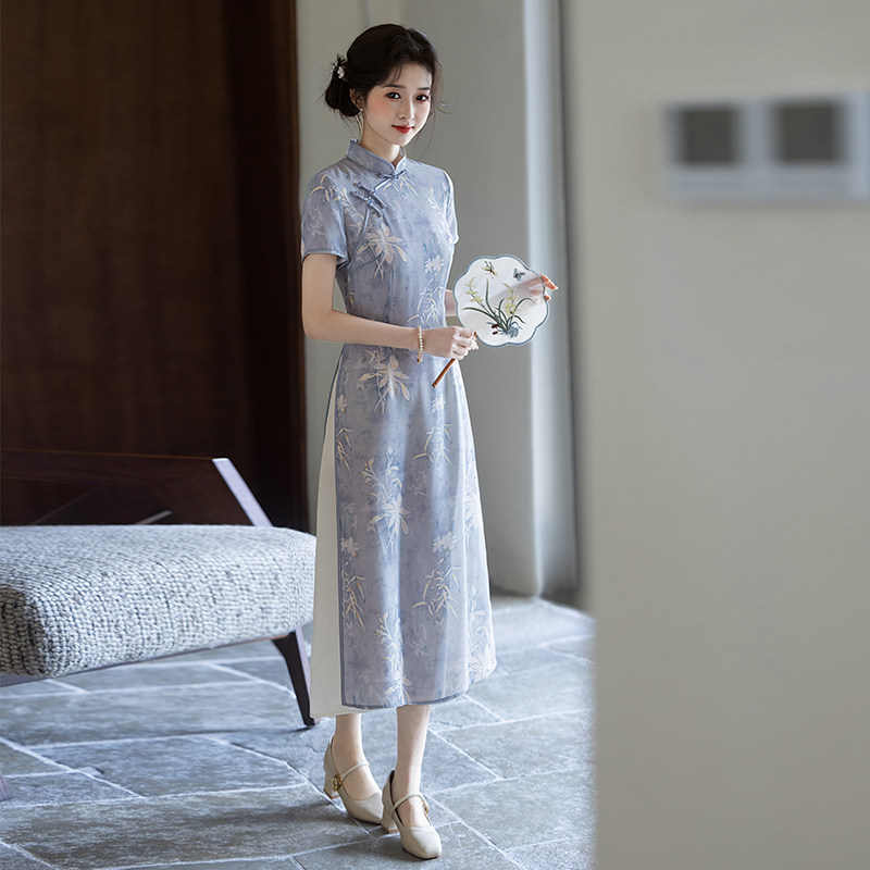 蓝色奥黛新中式改良旗袍2025新款
