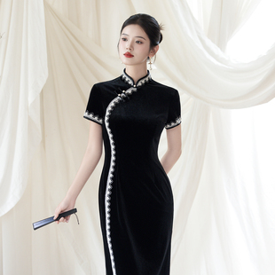 秋冬季新款旗袍女黑色大码晚礼服丝绒长款花边高级感优雅修身显瘦