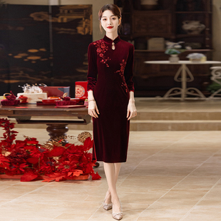 高端旗袍女秋冬金丝绒改良中长款 喜婆婆婚宴妈妈礼服喜服高端复古