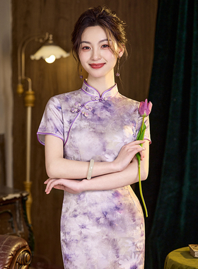 旗袍紫色国风高考送考长款改良2025新款夏季年轻款女复古修身日常