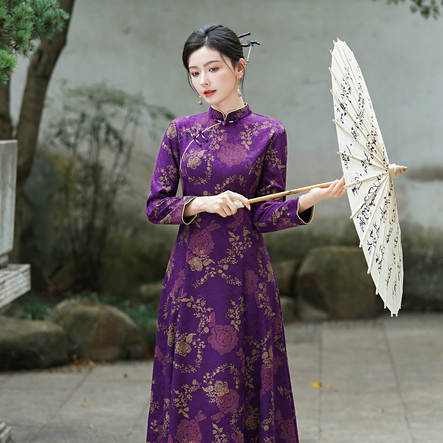 紫色奥黛高端旗袍2025秋冬新款