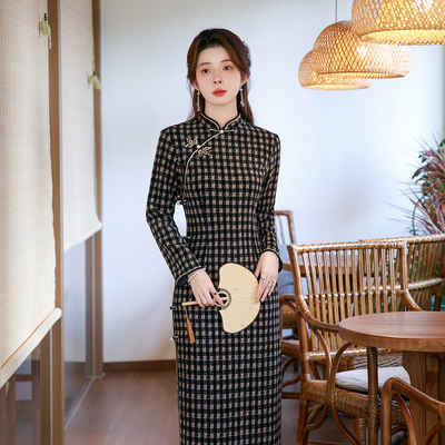 旗袍2025新款女秋冬长袖复古格子
