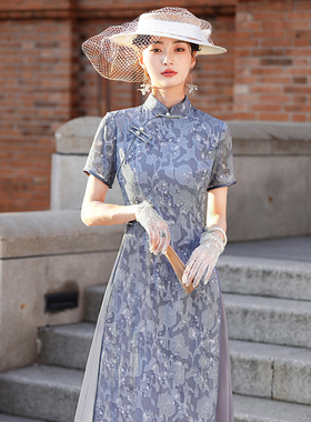 紫色改良旗袍女时尚雪纺高档印花越南2025年夏季新款日常可穿复古