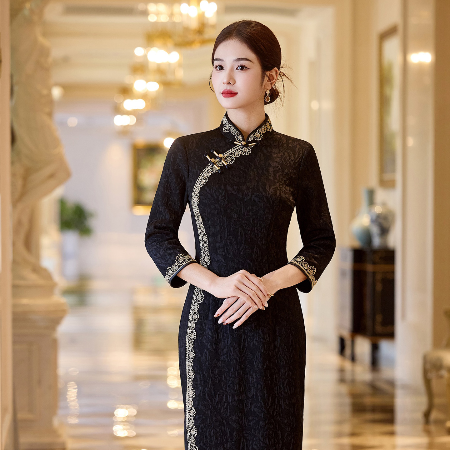 老上海黑色旗袍高端长款2025秋冬