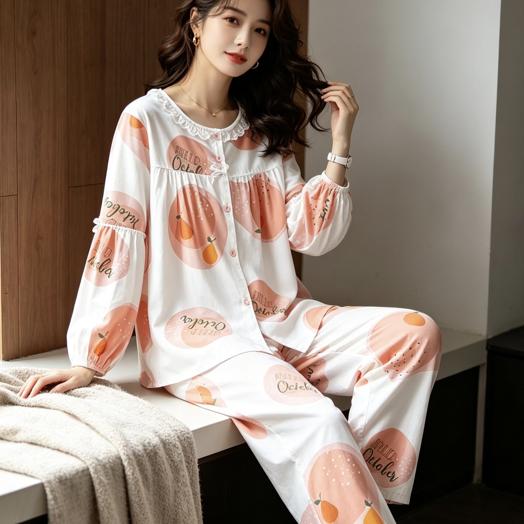 女款春秋居家服套装圆领花边开衫梨子水果印花宽松长袖阔腿裤睡衣