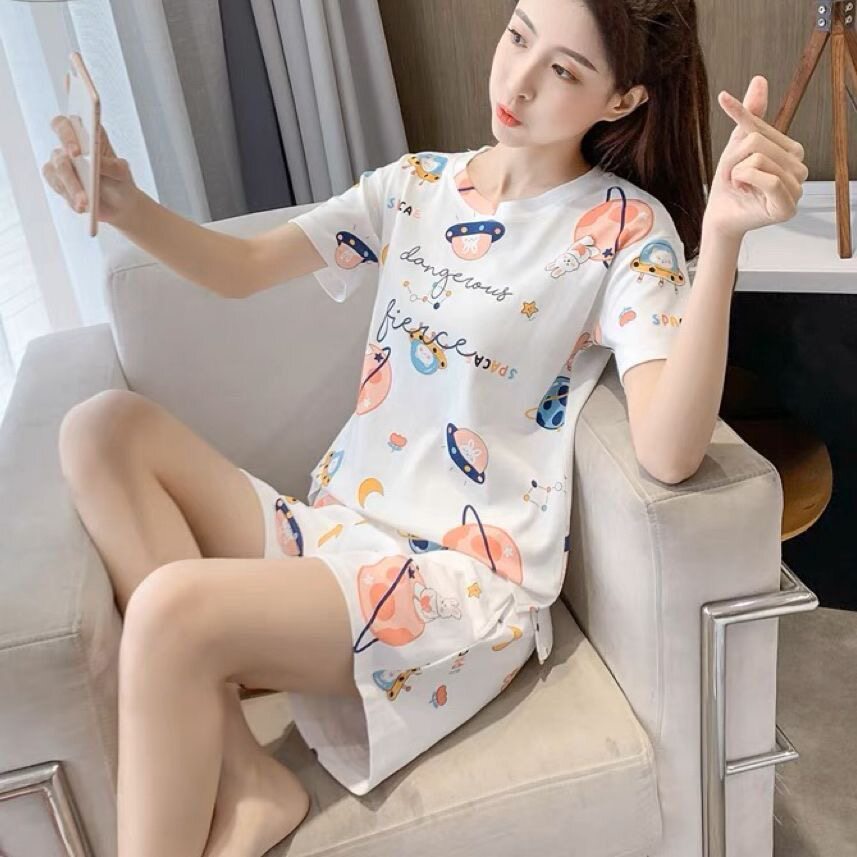 修身睡衣女士夏季高级可爱印花睡裙夏天薄款大码短袖可外穿家居服