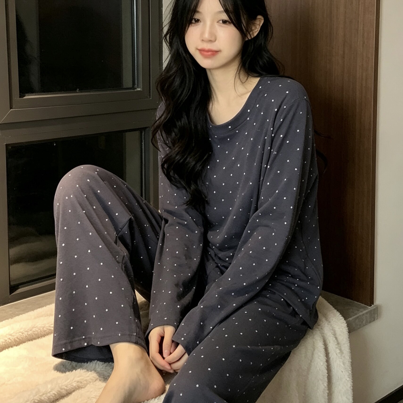 睡衣女长袖长裤套装深灰小波点图案圆领宽松休闲居家两件套带胸垫