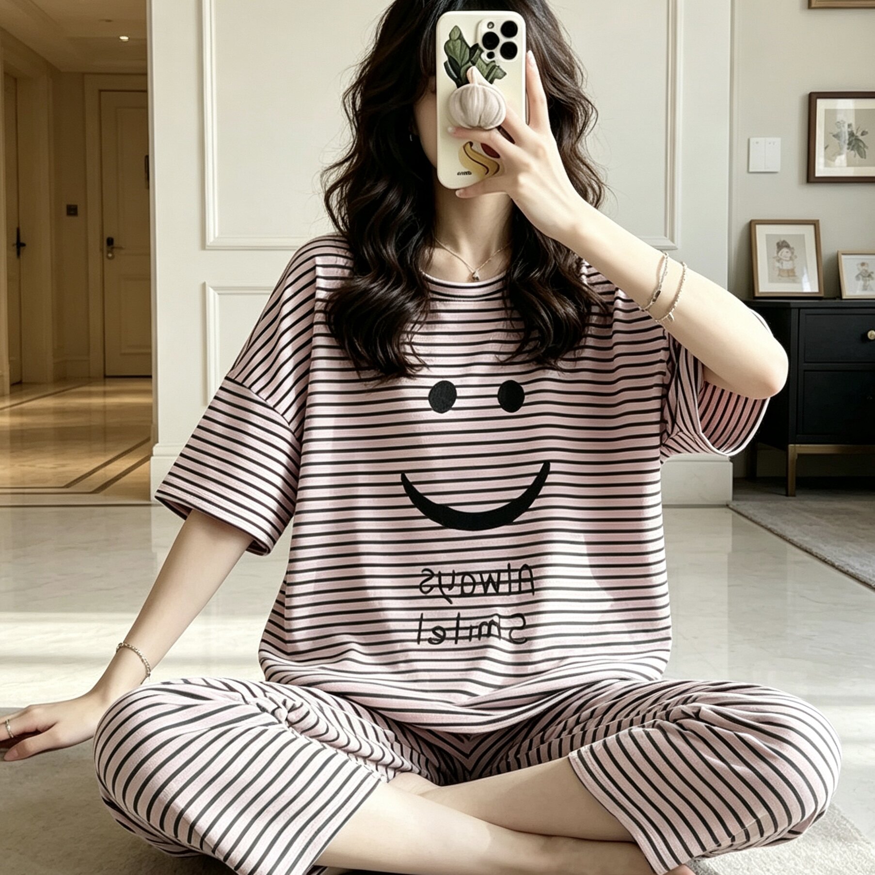 夏季大码笑脸短袖可外穿睡衣套装