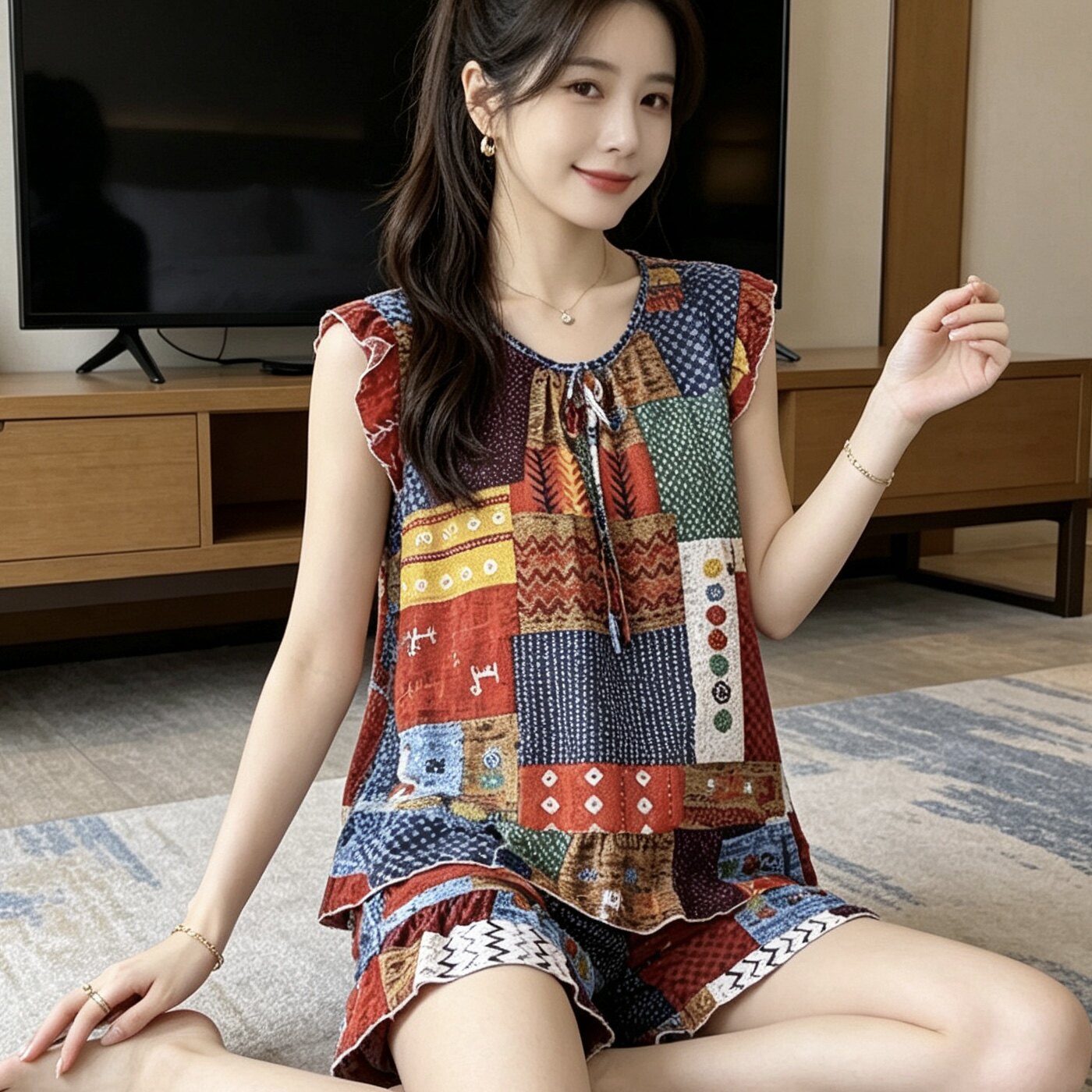 夏季民族风彩色格子印花无袖睡衣套装女款荷叶边宽松透气家居服