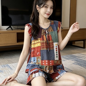 夏季民族风彩色格子印花无袖睡衣套装女款荷叶边宽松透气家居服