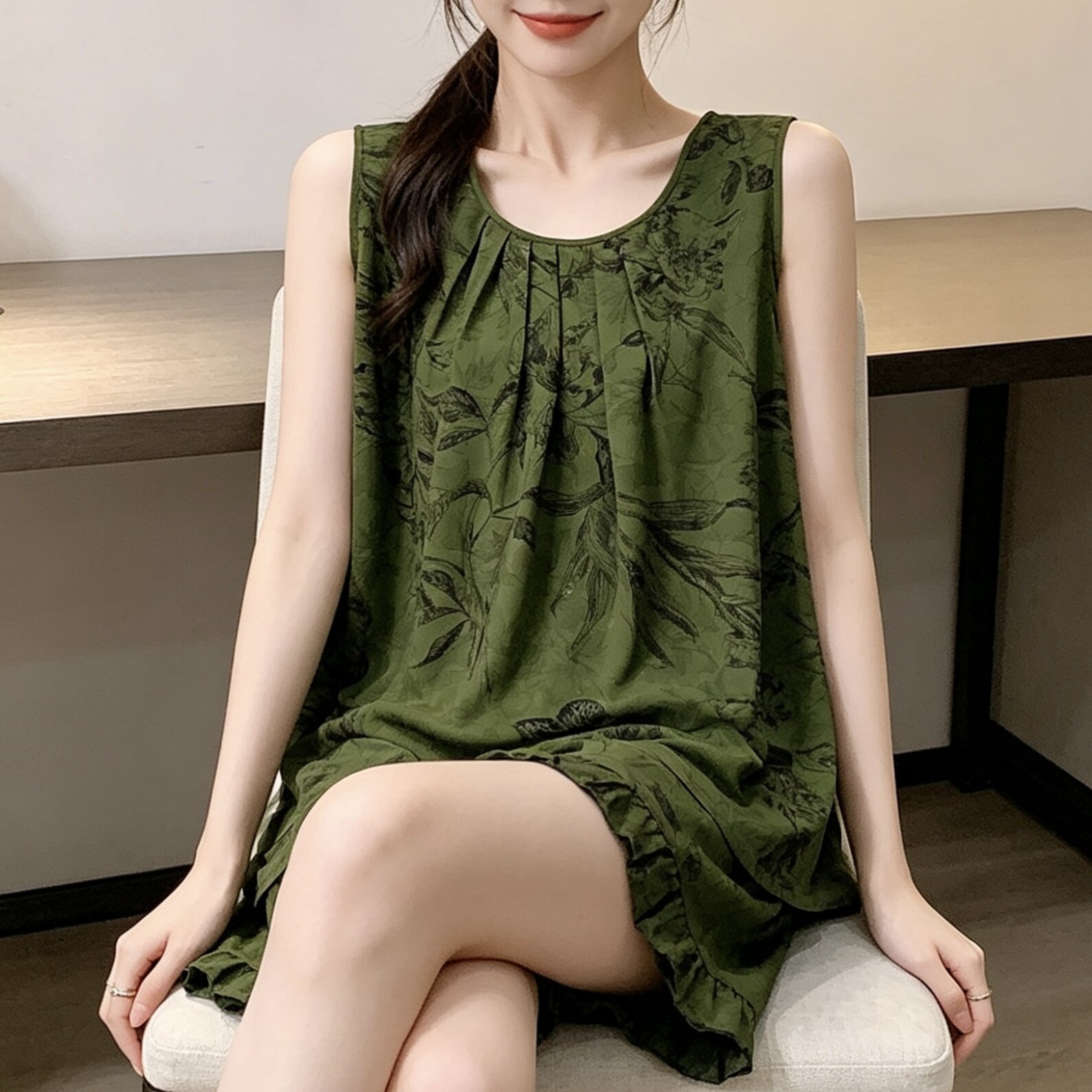 复古墨竹印花女士睡衣套装遮肉
