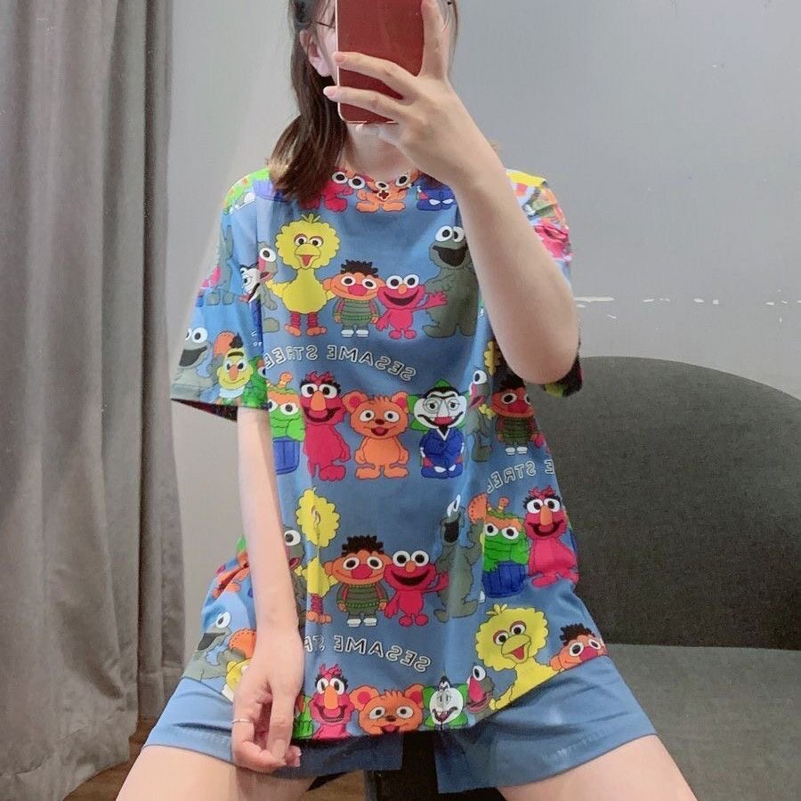 新款卡通潮流睡衣女夏天短袖短裤宽松休闲可外穿居家服套装