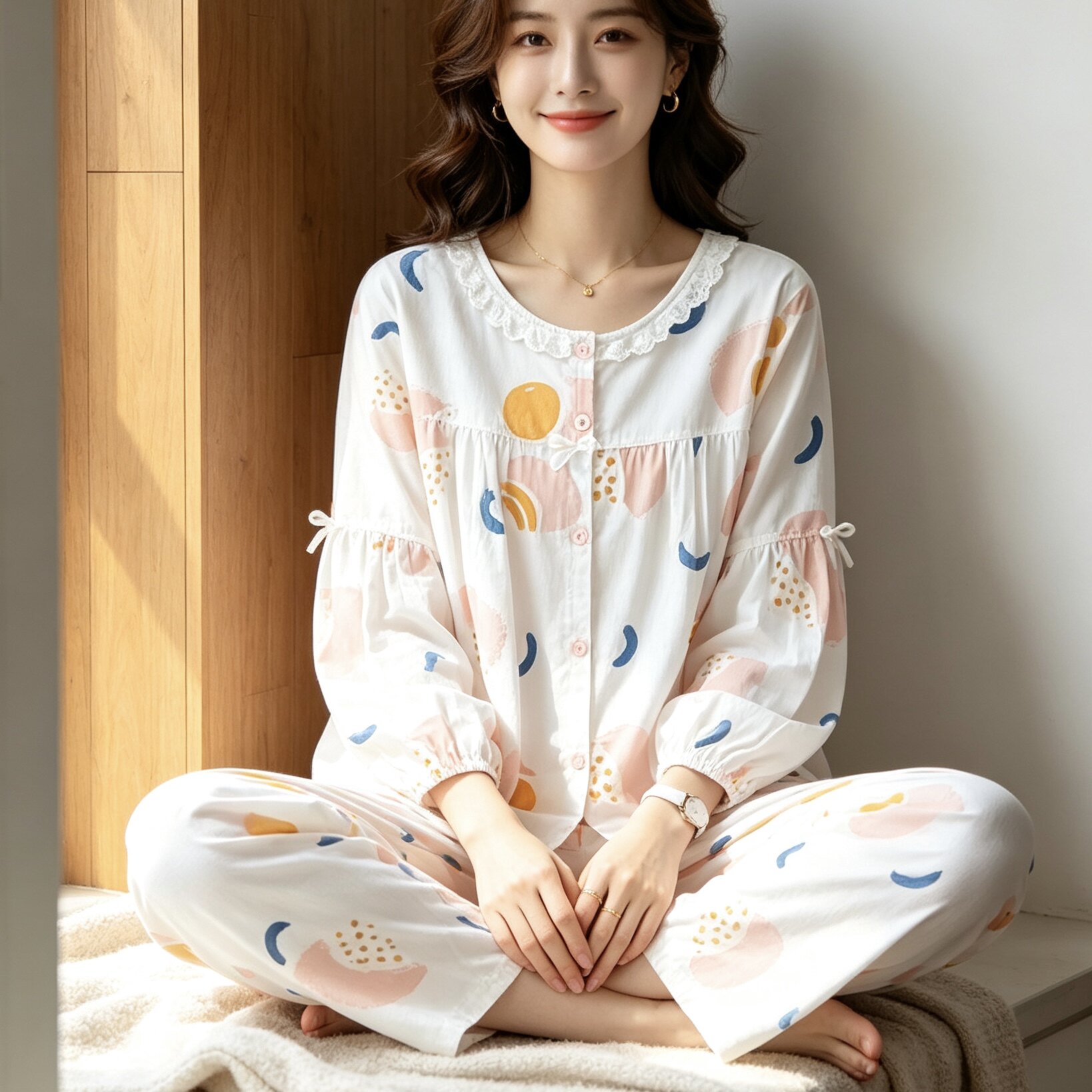 春秋香蕉印花睡衣女蕾丝花边圆领开衫宽松灯笼袖长裤家居服套装