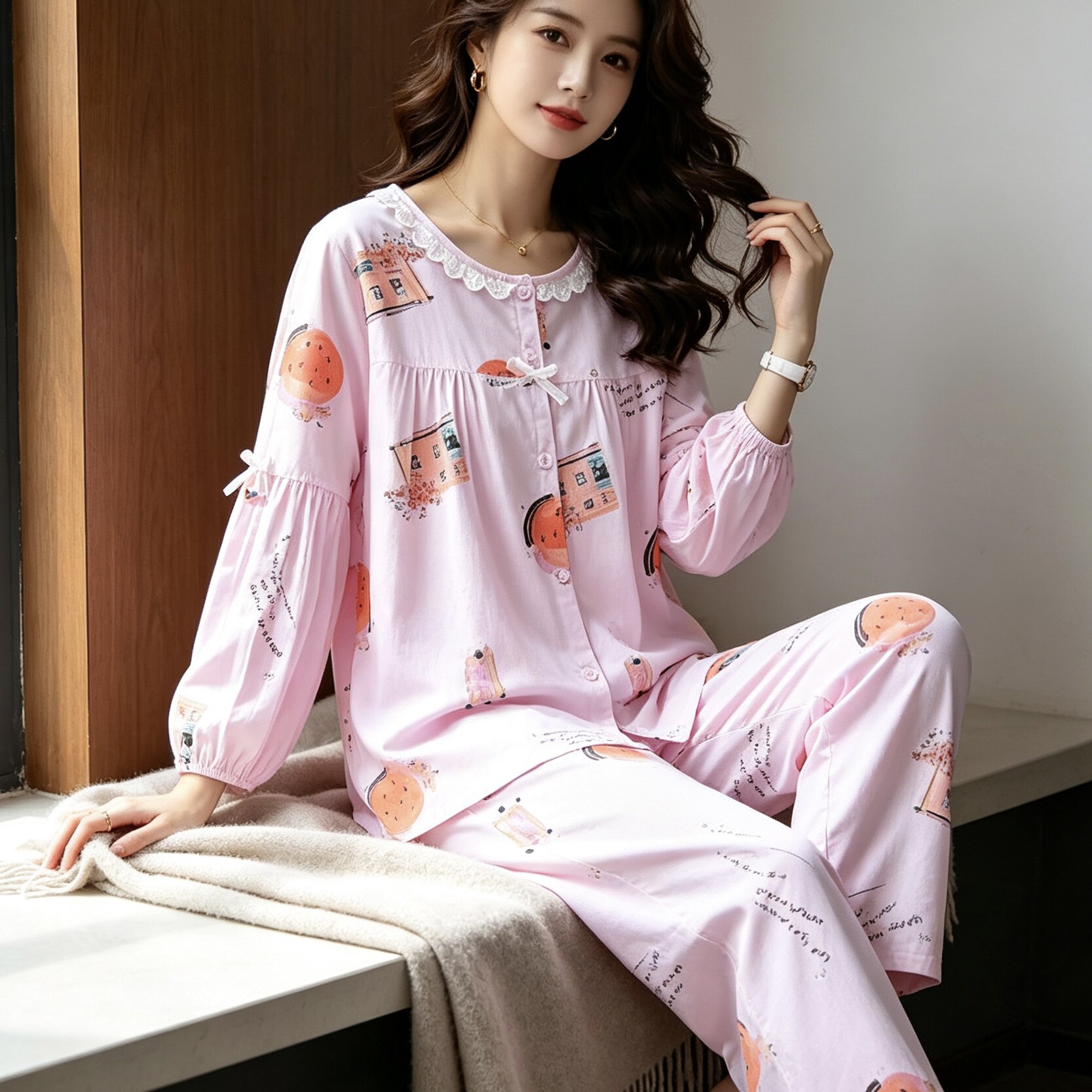 春秋女士开衫睡衣女蕾丝花边圆领卡通宽松灯笼袖长裤家居服套装