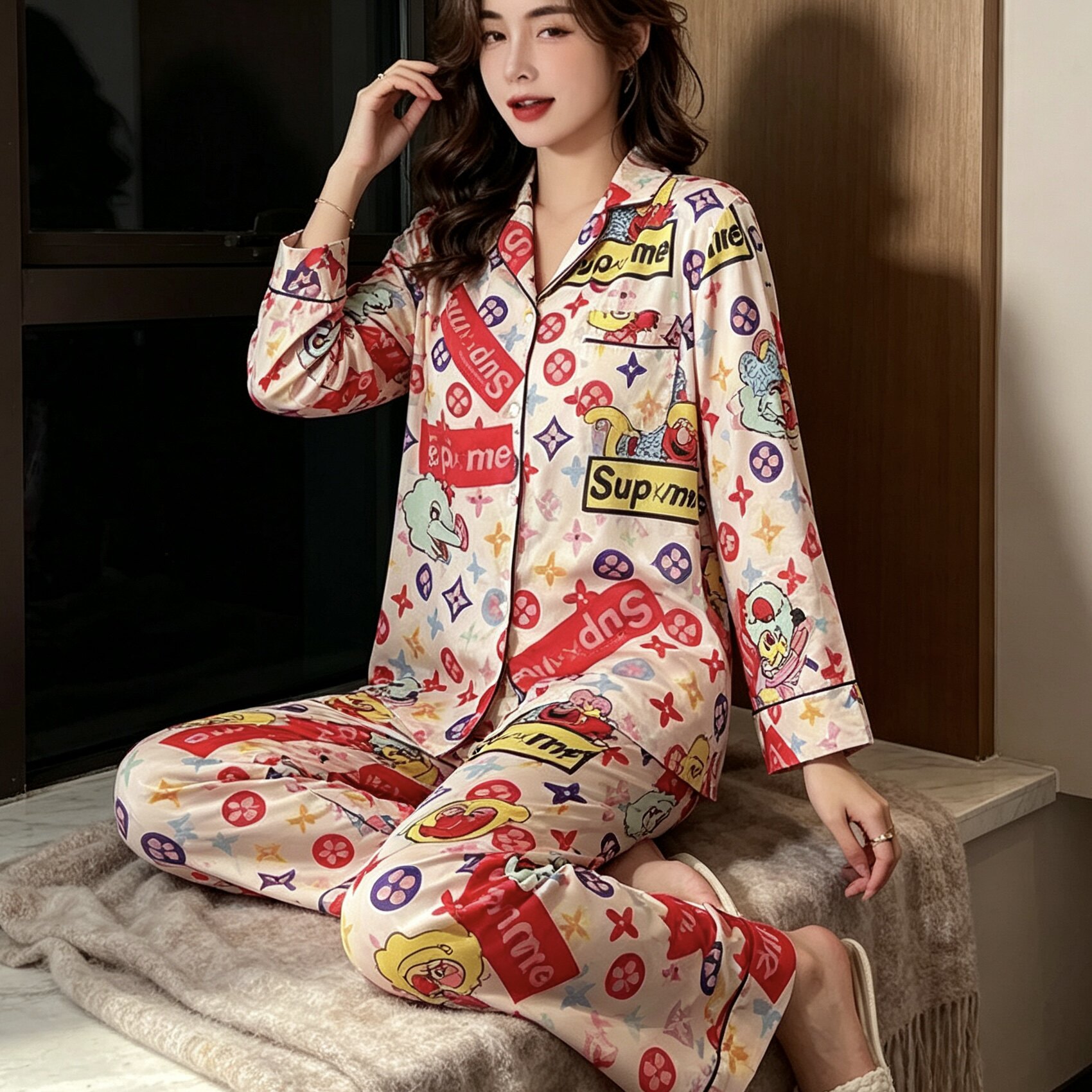 女卡通满印图案开衫睡衣两件套