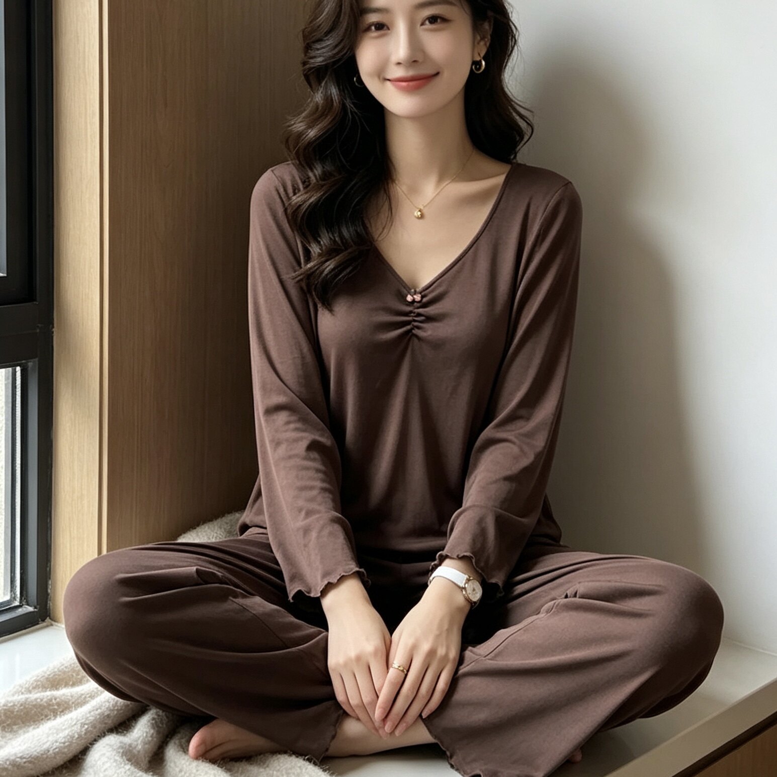 春秋咖啡色睡衣女V领胸前抽褶木耳边长袖宽松阔腿裤气质家居套装