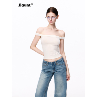 JLAUNT 莱赛尔白色一字肩t恤女吊带背心修身露肩抹胸美式辣妹上衣