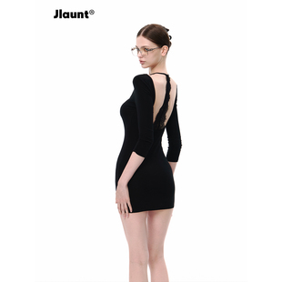 JLAUNT 莱赛尔黑色七分袖连衣裙女夏修身美式辣妹露背包臀短裙子
