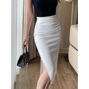 轻熟风褶皱遮肚开叉性感女人味包臀裙一步裙 白色高腰半身裙女夏季