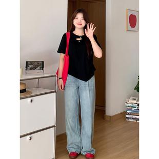 喵喵 女装 微胖 大码 t恤上衣4122 mm夏季 显瘦休闲百搭收腰镂空短袖