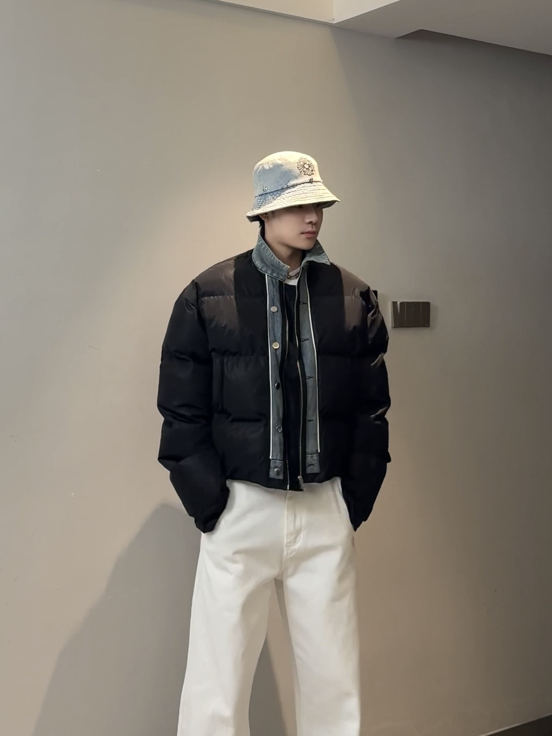 及时雨东 秋冬牛仔双拼加厚短款显高棉服外套男