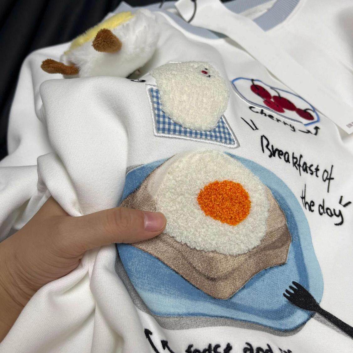 毛巾绣煎蛋纯棉套头卫衣女春秋冬宽松设计感小众韩系chic甜美外套