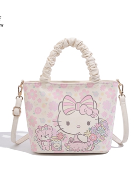 HelloKitty26春季托特包女褶皱印花斜挎包小香风菜篮子单肩手提包