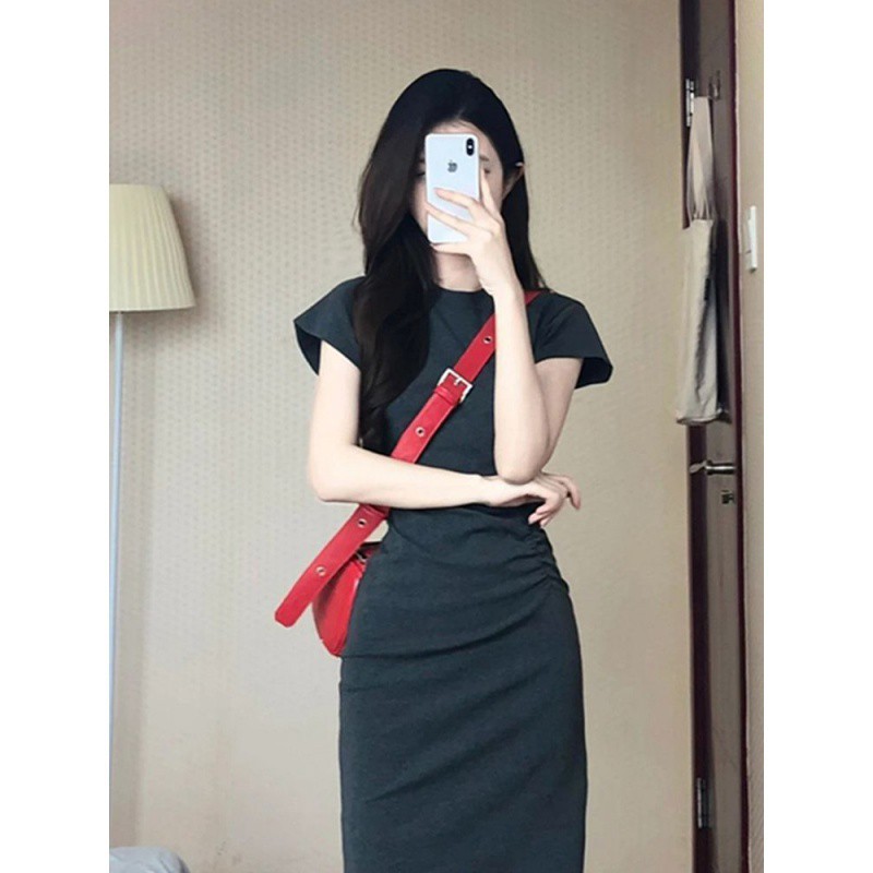夏季新款法式褶皱T恤裙包臀裙女连衣裙