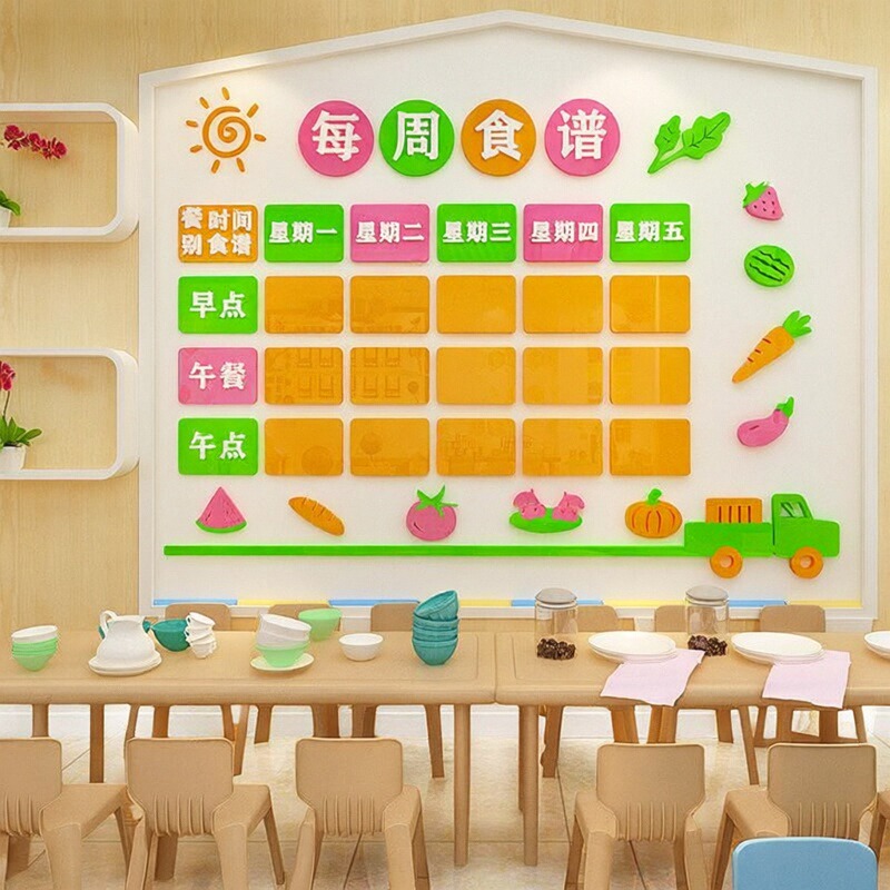 亚克力小小学饭桌食谱每周幼儿园栏菜谱装饰展示早教立体3d贴纸墙