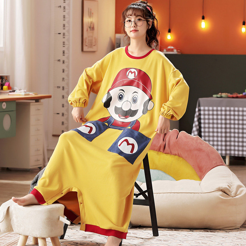 连体睡衣女夏季纯棉薄款长袖春秋2021年新款大码可爱孕妇睡裙女士