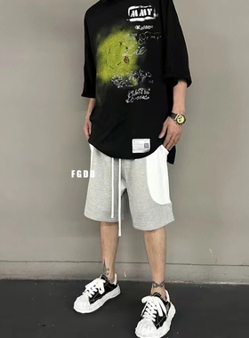 Epid prefab拼色抽绳口袋过膝宽松炮弹短裤夏季休闲运动裤男女潮