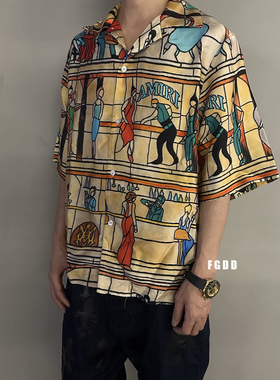 FGDD自主AMIR1薄款蚕丝冰感酒吧插画翻领短袖衬衫男夏季休闲衬衫