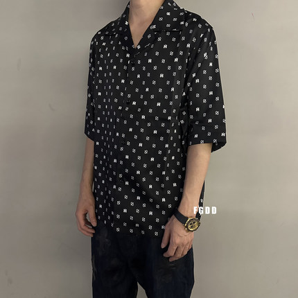 FGDD自主AMIR1黑色蚕丝腰果花LOGO翻领短袖衬衫男开衫慵懒夏季潮