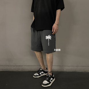 男休闲沙滩裤 正确版 五分裤 纯棉椰树印花过膝宽松短裤 高街 本PA夏季
