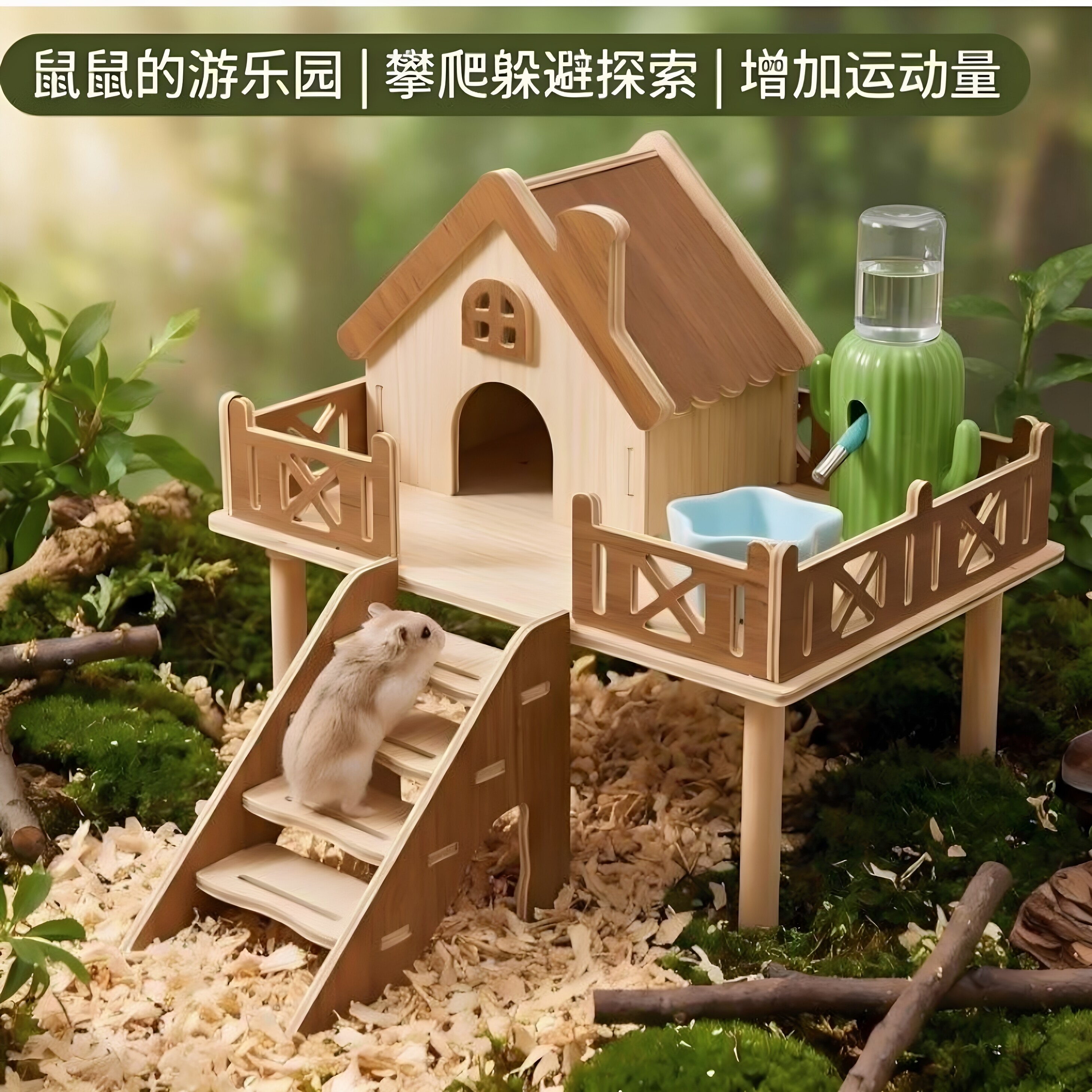 仓鼠造景平台可水洗耐啃咬加硬木质二层金丝熊玩具双色小屋躲避屋