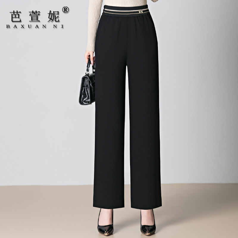 妈妈秋冬洋气阔腿毛呢直筒裤中老年女冬季松紧腰休闲裤子加绒长裤