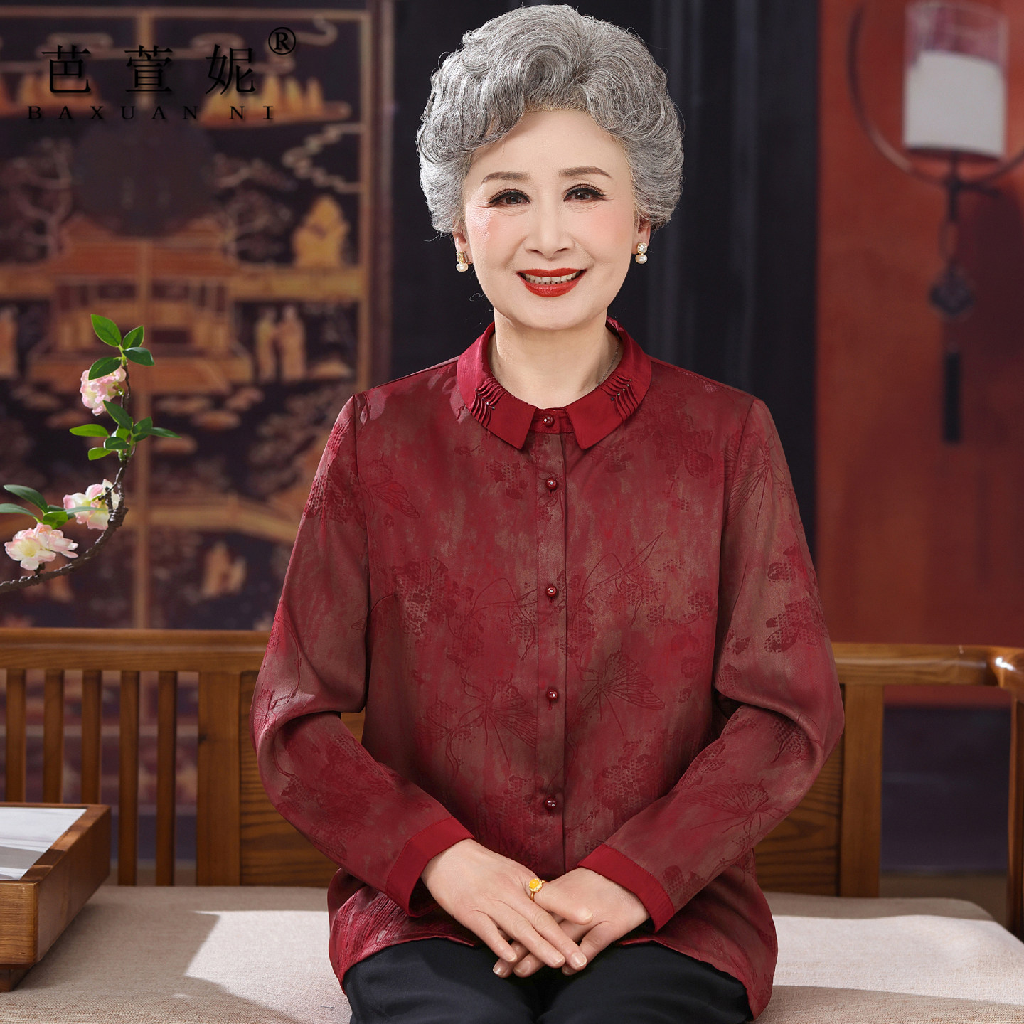 喜庆中老年人女长袖衬衣妈妈夏季套装老太太衬衫大码奶奶春秋薄款