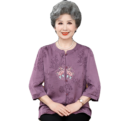 中老年人夏装女唐装真丝绸缎衬衫