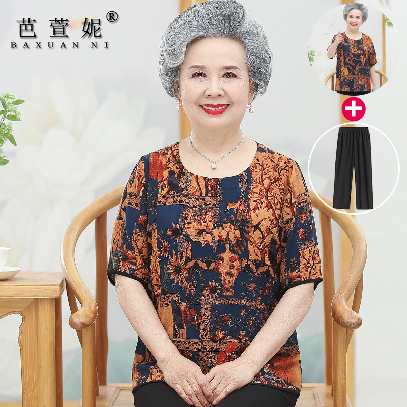 棉綢胖媽媽t恤短袖中老年人夏裝