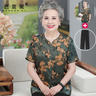 中老年人夏装女短袖衬衫奶奶套装