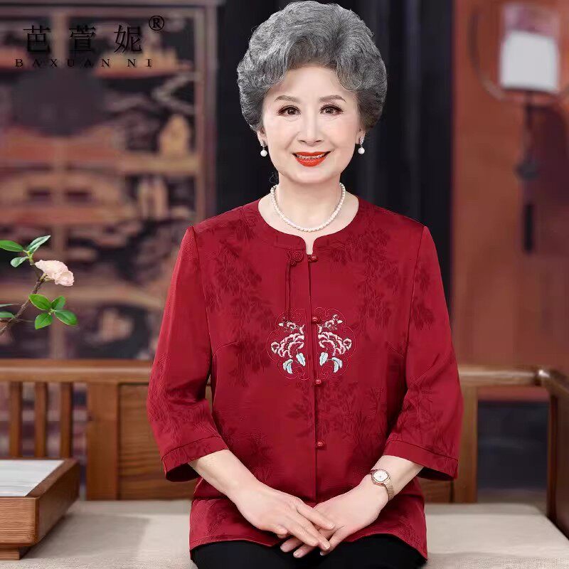 喜庆老年人奶奶夏装衬衫加大码妈妈唐装中式喜婆婆老太太婚宴上衣