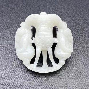 岫玉三角爵杯吊坠挂件仿古明清镂空雕刻兽面玉佩玉坠古风汉服腰佩