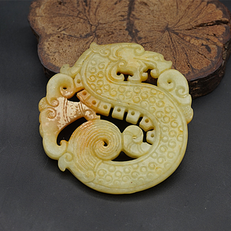 岫玉仿古龙吊坠挂件复古做旧镂空双面雕刻龙玉佩玉坠汉服古风腰佩