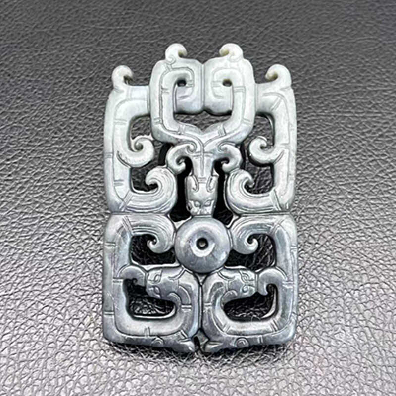 岫玉仿古龙凤玉佩玉吊坠仿古龙挂饰汉服腰佩配饰镂空玉双龙方形玉