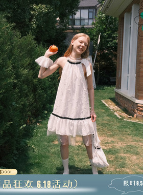 THESEVENTHTAIL设计师品牌立体刺绣透视蕾丝挖肩系带挂脖连衣裙