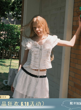 THESEVENTHTAIL设计师品牌兔子提花泡泡袖抽褶复古白衬衫