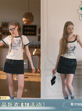 THESEVENTHTAIL设计师品牌复古趣味印花亮片条纹吊带t恤